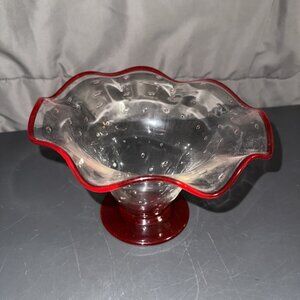 Bubble Glass Bowl Clear Red Ruffle Scallop Rim Footed Hand Blown 1970s 8.5"